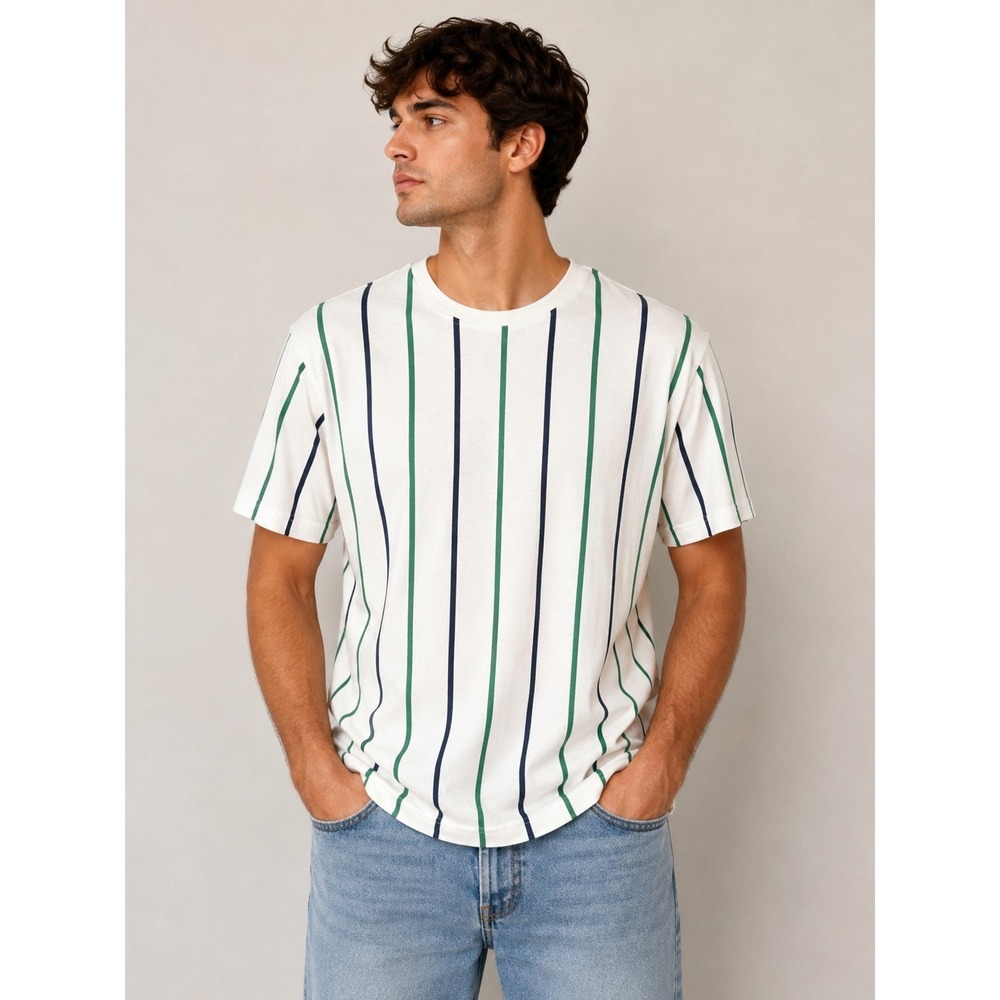 Cactus Man, Men's Medium White Green Blue Vertical Stripe Crew Neck T-Shirt